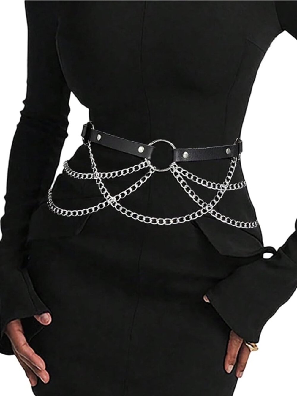 Edgy Black PU Leather Gothic Belt with Chains - Emo Punk Grunge Waist Accessory